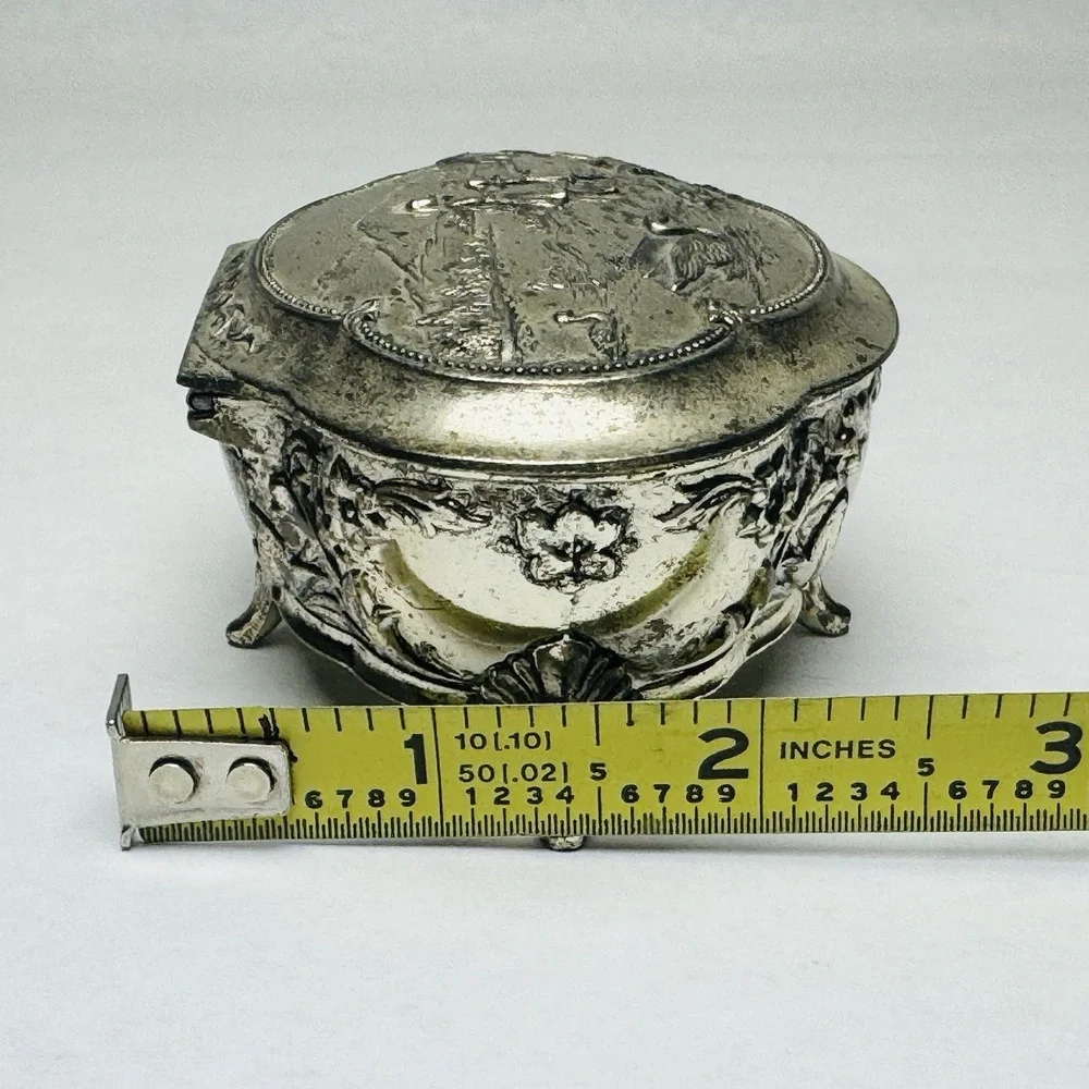 VTG Silver Metal Trinket Or‎ Jewelry Box Lined W/ Red Velvet And An Embossed Top